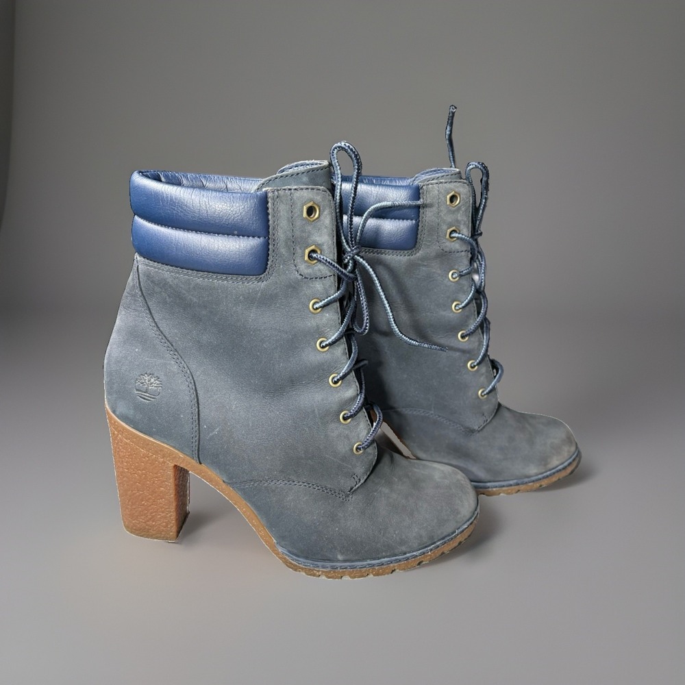Timberland Glancy 6-Inch Blue Leather Block Heel Combat Boots Womens 8 A1HTS